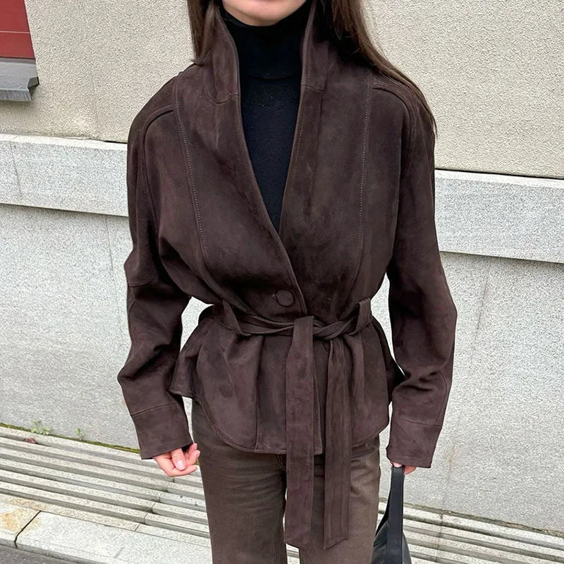 2025 Autumn New Belt Suede Jackets Women Lapel Long Sleeve One Button Lace Up Jacket Vintage Brown Loose Lady Outerwears Street