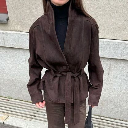 2025 Autumn New Belt Suede Jackets Women Lapel Long Sleeve One Button Lace Up Jacket Vintage Brown Loose Lady Outerwears Street