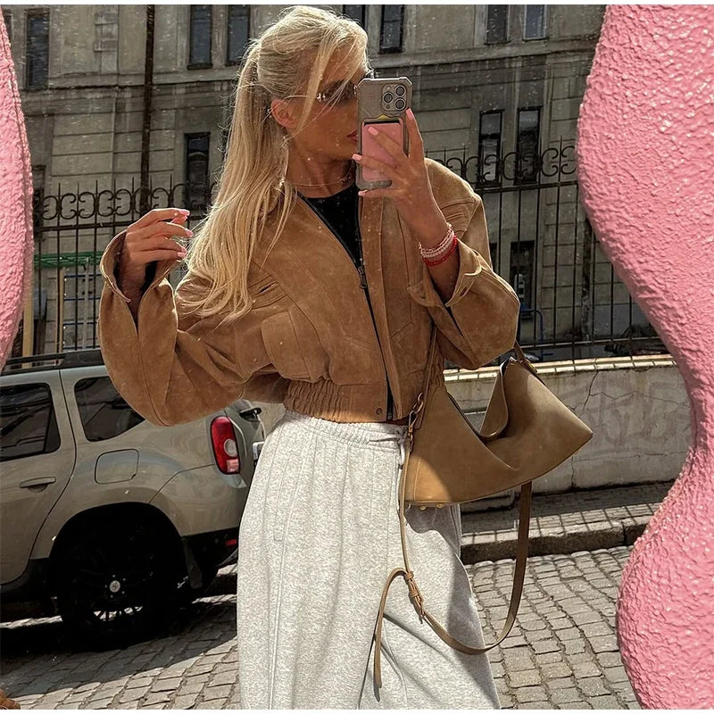 Solid Suede Zipper Short Jacket Women's Retro Full Sleeve Lapel Collar Pocket Elastic Waist Loose Overcoat Lady High Streetwear