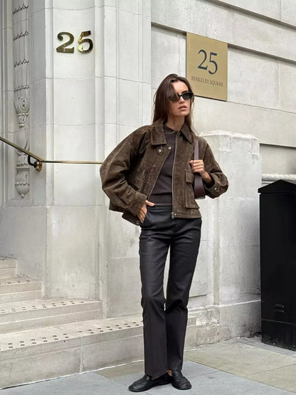 YENKYE Women Front Patch Pockets Faux Leather Bomber Jacket Long Sleeve Zipper Autumn Winter Coat 2025 Loose Outerwear