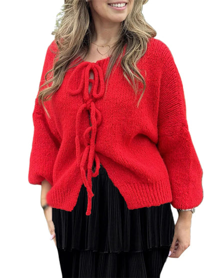 Knitwear Lace-Up Hollow Out Cardigan Top Women's Patchwork Fashion Autumn High Street Clothes Knit Y2k Bandage Cardigan