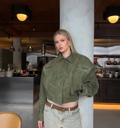 Solid Suede Zipper Short Jacket Women's Retro Full Sleeve Lapel Collar Pocket Elastic Waist Loose Overcoat Lady High Streetwear