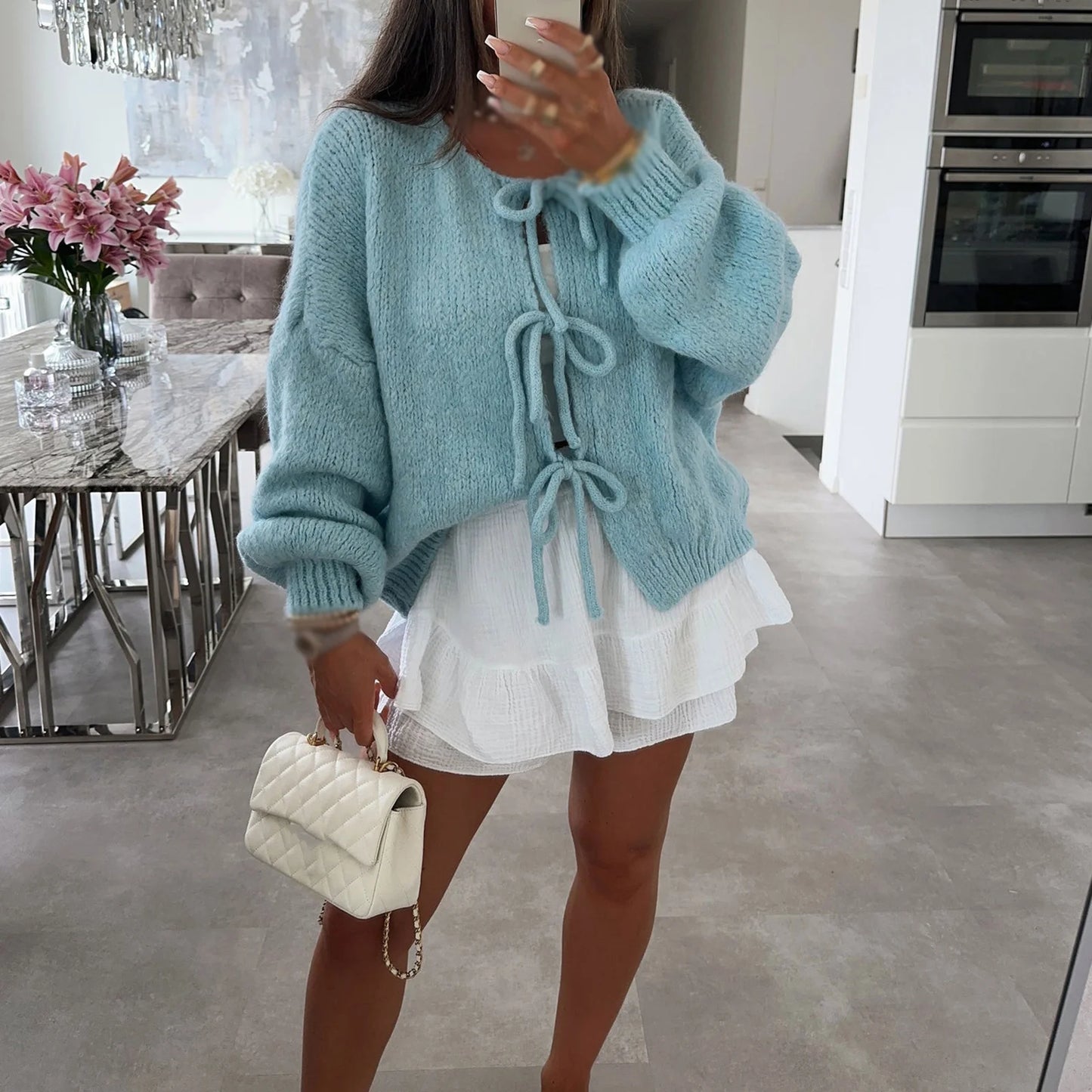 Knitwear Lace-Up Hollow Out Cardigan Top Women's Patchwork Fashion Autumn High Street Clothes Knit Y2k Bandage Cardigan