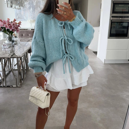 Knitwear Lace-Up Hollow Out Cardigan Top Women's Patchwork Fashion Autumn High Street Clothes Knit Y2k Bandage Cardigan