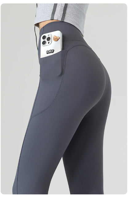 BIVIGAOS Autumn Winter Fleece Pocket Sharkskin Leggings Women High Waist Tight-Fit Velvet Thickened Warm Sports Running Leggings