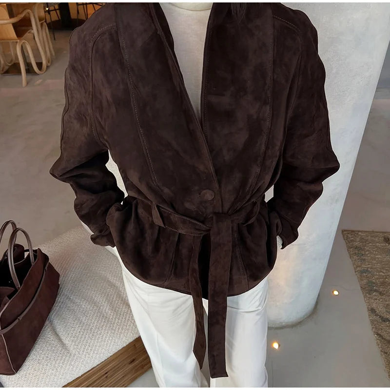 2025 Autumn New Belt Suede Jackets Women Lapel Long Sleeve One Button Lace Up Jacket Vintage Brown Loose Lady Outerwears Street