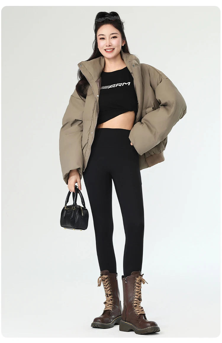 BIVIGAOS Autumn Winter Fleece Pocket Sharkskin Leggings Women High Waist Tight-Fit Velvet Thickened Warm Sports Running Leggings