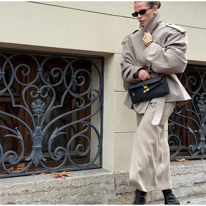 Solid Belted Oversized Windbreaker Women's Fashion Full Sleeve Button Loose Long Coat 2025 Office Lady Daily Commute Overcoats