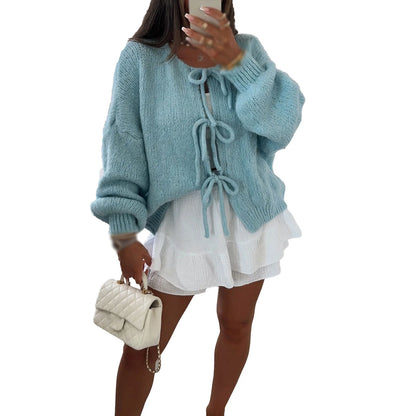 Knitwear Lace-Up Hollow Out Cardigan Top Women's Patchwork Fashion Autumn High Street Clothes Knit Y2k Bandage Cardigan