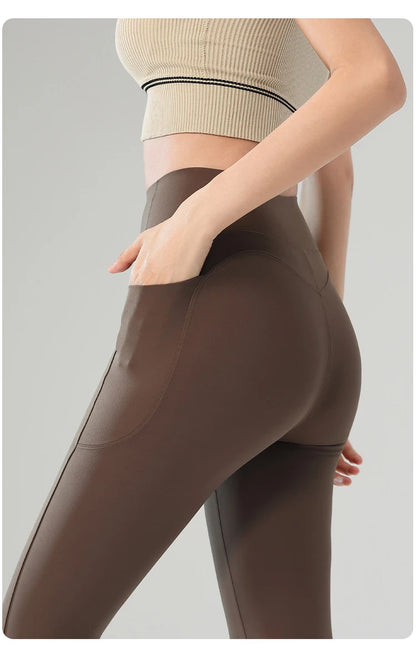 BIVIGAOS Autumn Winter Fleece Pocket Sharkskin Leggings Women High Waist Tight-Fit Velvet Thickened Warm Sports Running Leggings