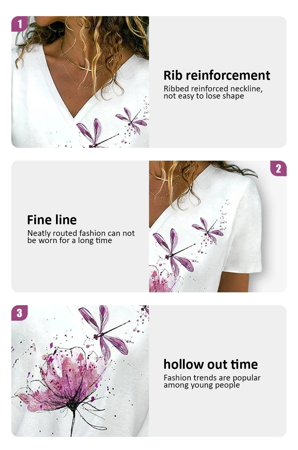 White t-shirt with pink floral design on a white background