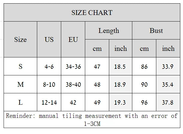 Size chart for clothing with measurements in centimeters and inches.