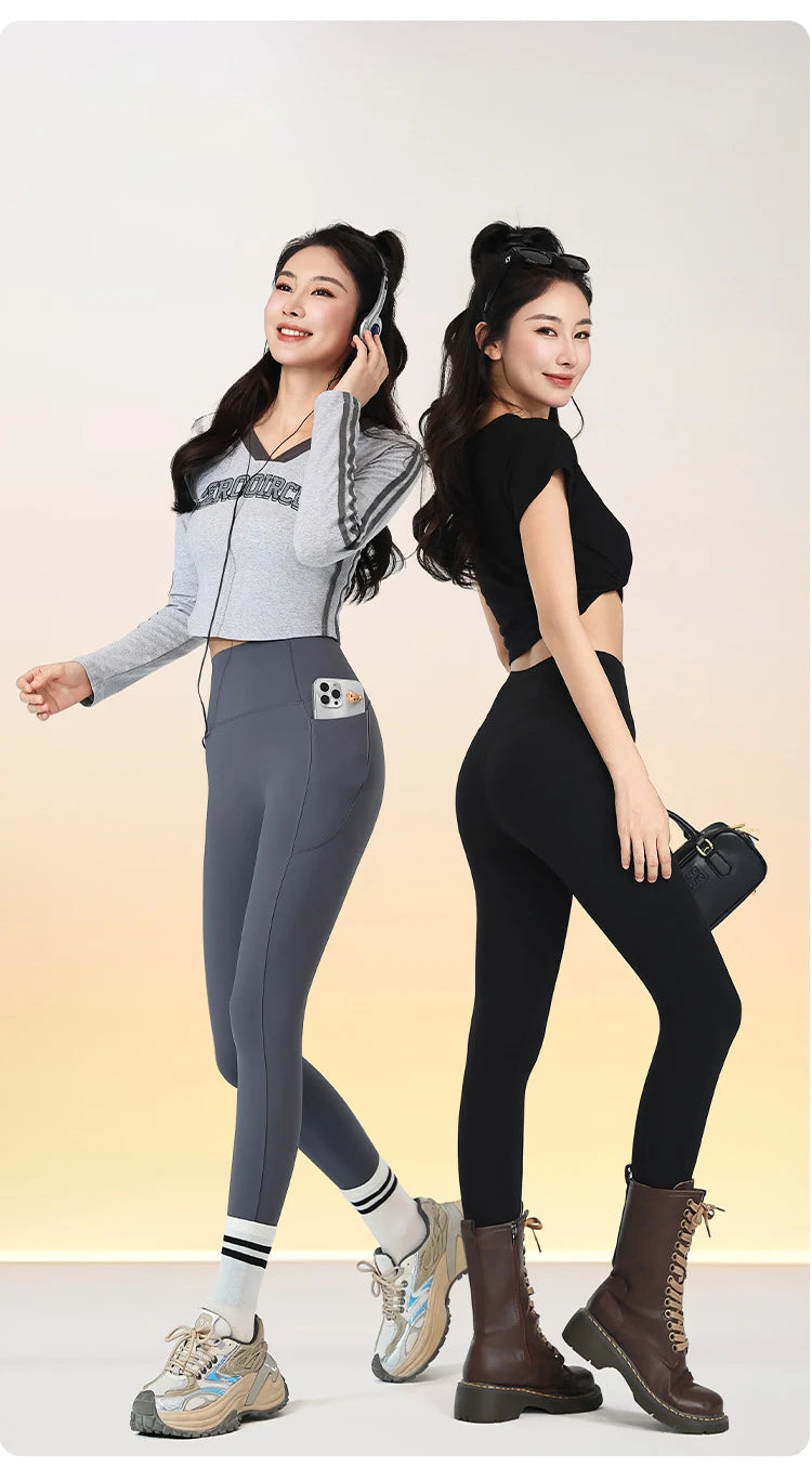 BIVIGAOS Autumn Winter Fleece Pocket Sharkskin Leggings Women High Waist Tight-Fit Velvet Thickened Warm Sports Running Leggings