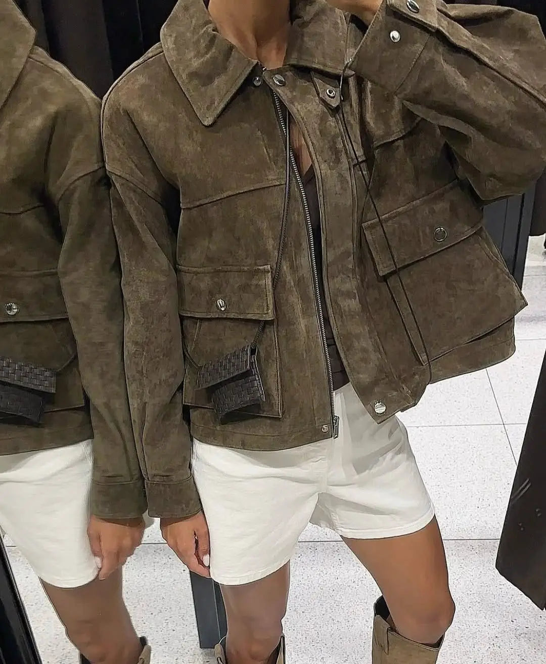 YENKYE Women Front Patch Pockets Faux Leather Bomber Jacket Long Sleeve Zipper Autumn Winter Coat 2025 Loose Outerwear