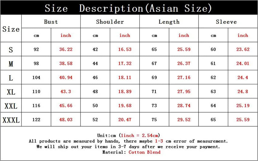 Size description chart for clothing with measurements in centimeters and inches.