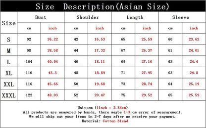 Size description chart for clothing with measurements in centimeters and inches.