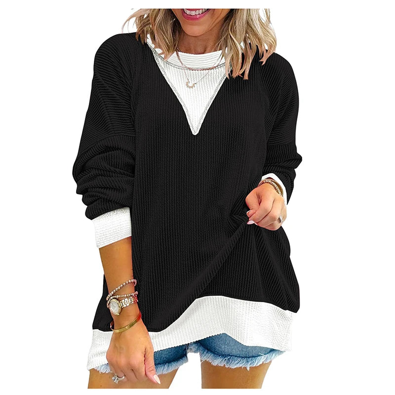 Autumn Winter O Neck Long Sleeve Sweatshirt Women Casual Patchwork Color Pullover Shirt Women Fashion BLouses