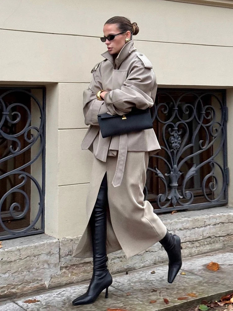 Solid Lapel Lace Up Jacket Elegant Chic Full Sleeve Button Loose Long Coat For Women 2025 New Office Lady Daily Commute Overcoat