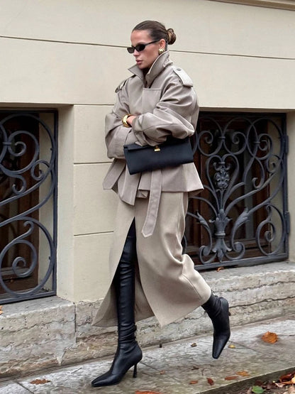 Solid Lapel Lace Up Jacket Elegant Chic Full Sleeve Button Loose Long Coat For Women 2025 New Office Lady Daily Commute Overcoat