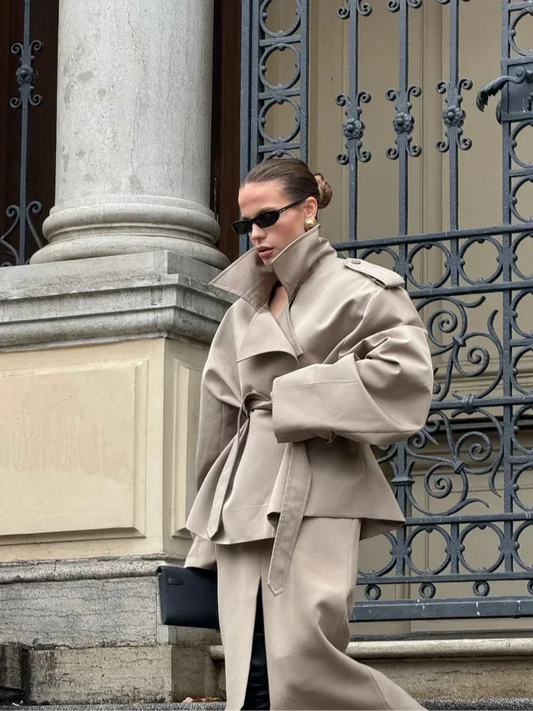 Solid Lapel Lace Up Jacket Elegant Chic Full Sleeve Button Loose Long Coat For Women 2025 New Office Lady Daily Commute Overcoat