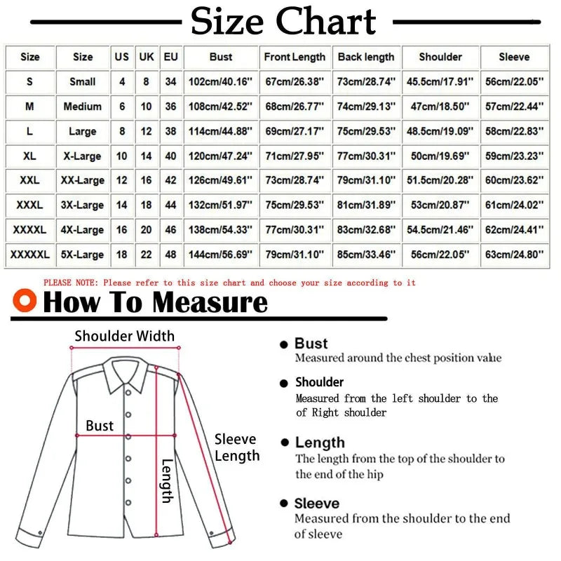 Size chart for shirts with measurements in various units