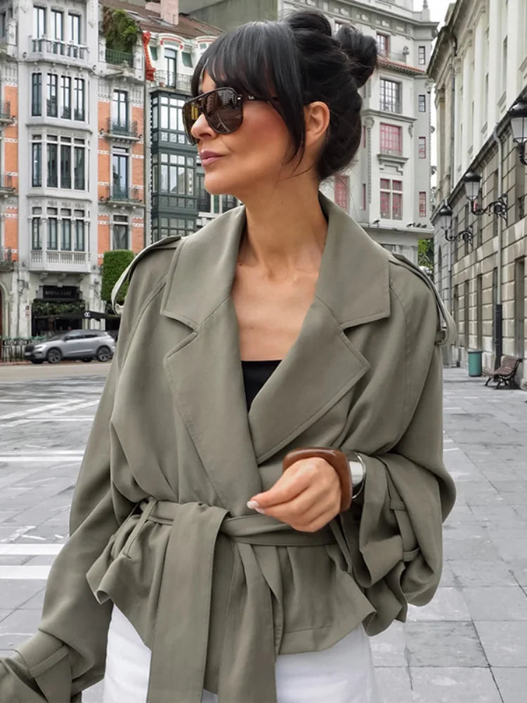 Solid Belted Oversized Windbreaker Women's Fashion Full Sleeve Button Loose Long Coat 2025 Office Lady Daily Commute Overcoats