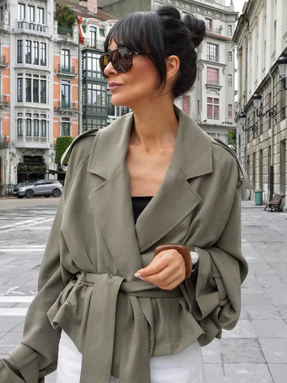 Solid Belted Oversized Windbreaker Women's Fashion Full Sleeve Button Loose Long Coat 2025 Office Lady Daily Commute Overcoats
