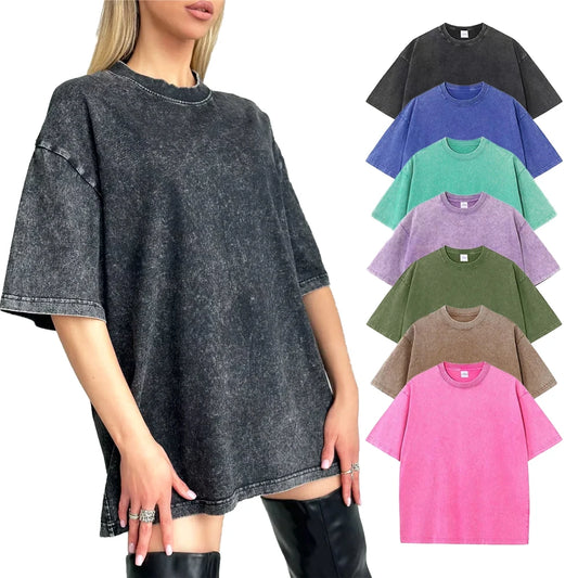 100% Cotton Washed T Shirt Street Solid O Neck Short Sleeve Oversized Tee Blouse New High Quality Men Women Casual Loose Tops
