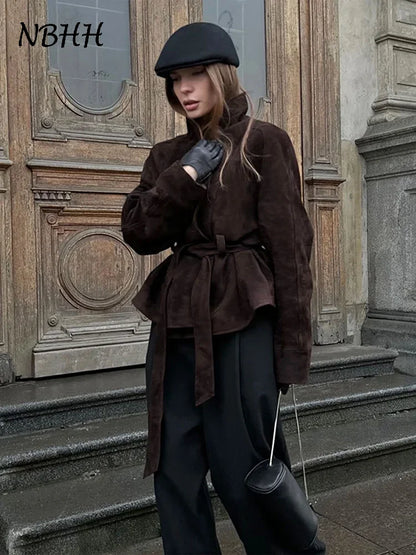 2025 Autumn New Belt Suede Jackets Women Lapel Long Sleeve One Button Lace Up Jacket Vintage Brown Loose Lady Outerwears Street
