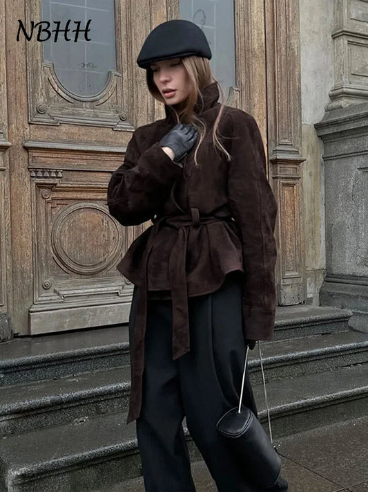 2025 Autumn New Belt Suede Jackets Women Lapel Long Sleeve One Button Lace Up Jacket Vintage Brown Loose Lady Outerwears Street