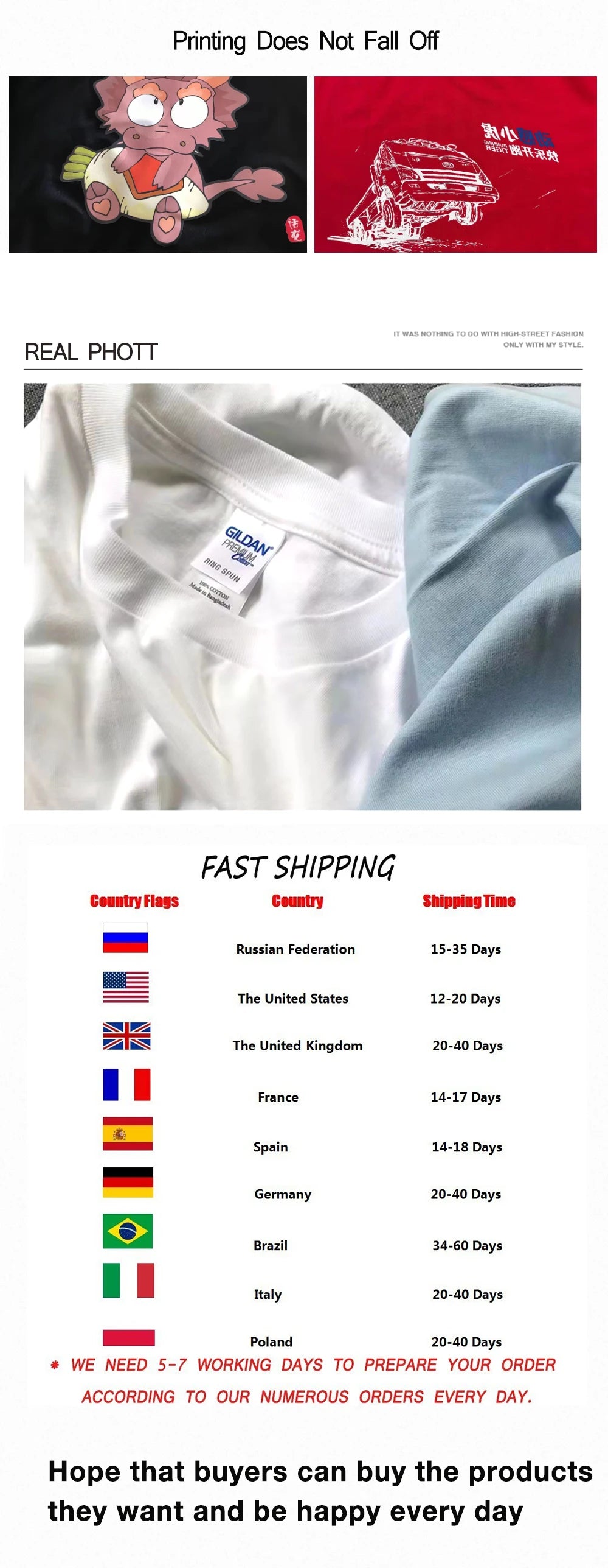 Product display with text about printing, shipping times, and a cartoon character.