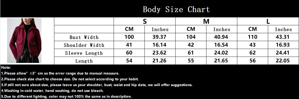 Body size chart for clothing with measurements in centimeters and inches.