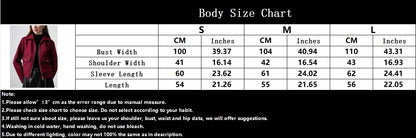 Body size chart for clothing with measurements in centimeters and inches.