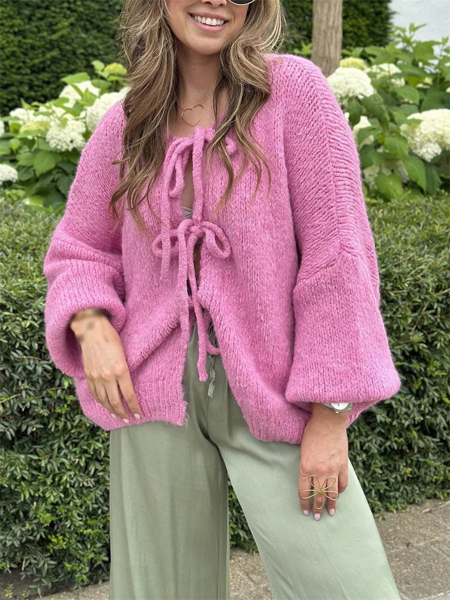 Knitwear Lace-Up Hollow Out Cardigan Top Women's Patchwork Fashion Autumn High Street Clothes Knit Y2k Bandage Cardigan