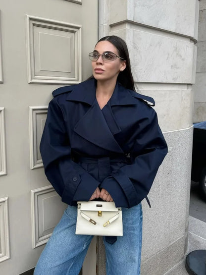 Solid Belted Oversized Windbreaker Women's Fashion Full Sleeve Button Loose Long Coat 2025 Office Lady Daily Commute Overcoats