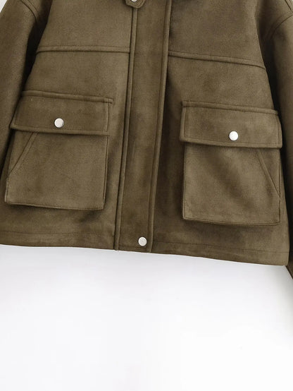 YENKYE Women Front Patch Pockets Faux Leather Bomber Jacket Long Sleeve Zipper Autumn Winter Coat 2025 Loose Outerwear