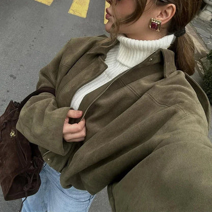 Solid Suede Zipper Short Jacket Women's Retro Full Sleeve Lapel Collar Pocket Elastic Waist Loose Overcoat Lady High Streetwear
