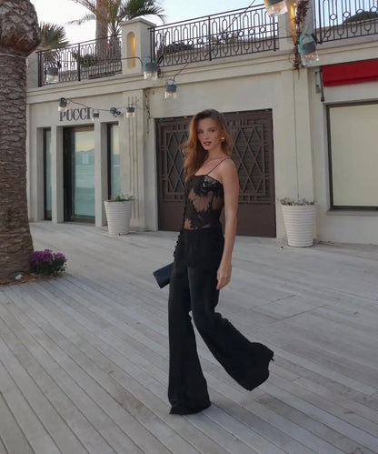 Lady Lace Patchwork Sling Top Sexy Sleeveless Off-shoulder Single Breasted See Through Blouse Women Chic Vacation Party Tops