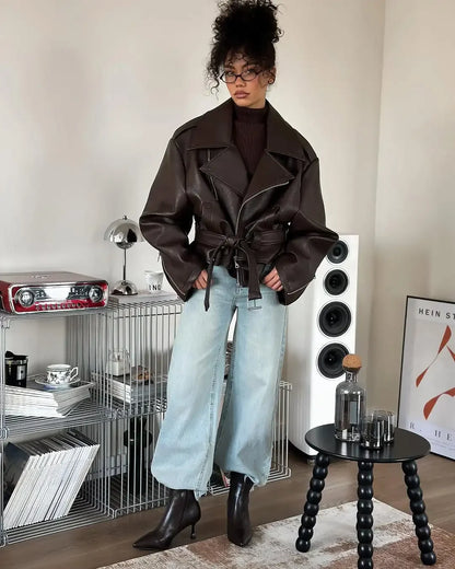 Casual Dark Red  Zipper Leather Short Jackets Women Long Sleeve Lace Up Lapel Loose Button Coat Lady Daily High Street Wear 2025