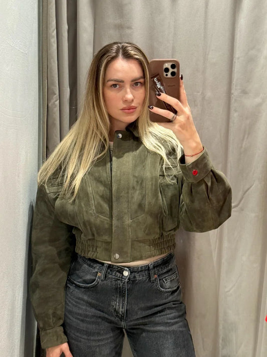 Solid Suede Zipper Short Jacket Women's Retro Full Sleeve Lapel Collar Pocket Elastic Waist Loose Overcoat Lady High Streetwear