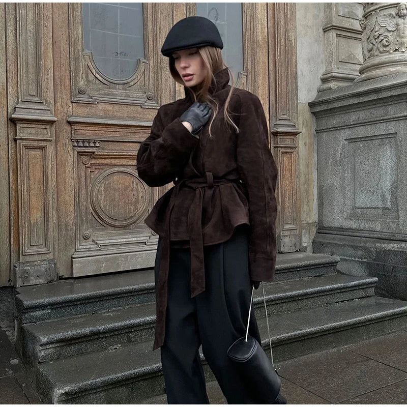2025 Autumn New Belt Suede Jackets Women Lapel Long Sleeve One Button Lace Up Jacket Vintage Brown Loose Lady Outerwears Street