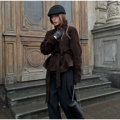 2025 Autumn New Belt Suede Jackets Women Lapel Long Sleeve One Button Lace Up Jacket Vintage Brown Loose Lady Outerwears Street