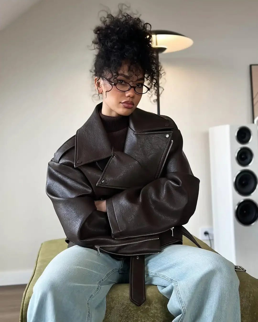 Casual Dark Red  Zipper Leather Short Jackets Women Long Sleeve Lace Up Lapel Loose Button Coat Lady Daily High Street Wear 2025