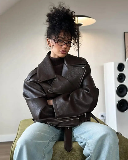 Casual Dark Red  Zipper Leather Short Jackets Women Long Sleeve Lace Up Lapel Loose Button Coat Lady Daily High Street Wear 2025