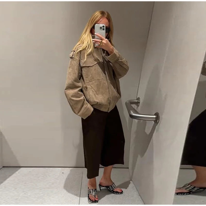 Fashion Suede Solid Coats Women Stand Neck Full Sleeve Zipper Pocket Jackets 2025 Autumn Winter New Female Moto Style Outerwear