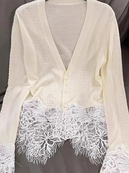 Retro V-Neck Single Breasted Lace Patchwork Knitted Cardigan 2025 New Fashion Spring Women'S Clothing