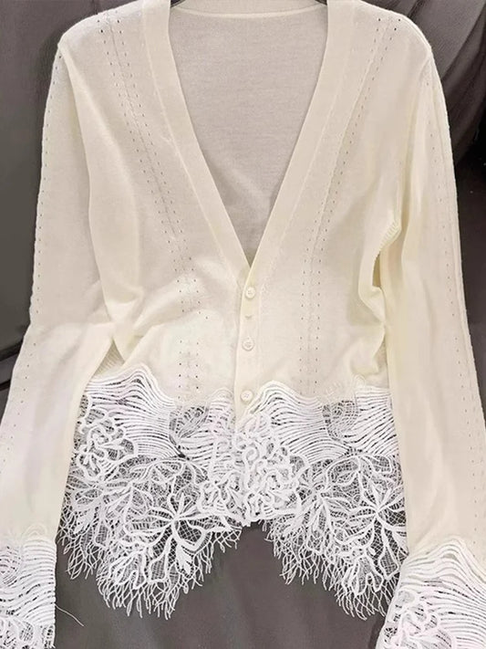 Retro V-Neck Single Breasted Lace Patchwork Knitted Cardigan 2025 New Fashion Spring Women'S Clothing