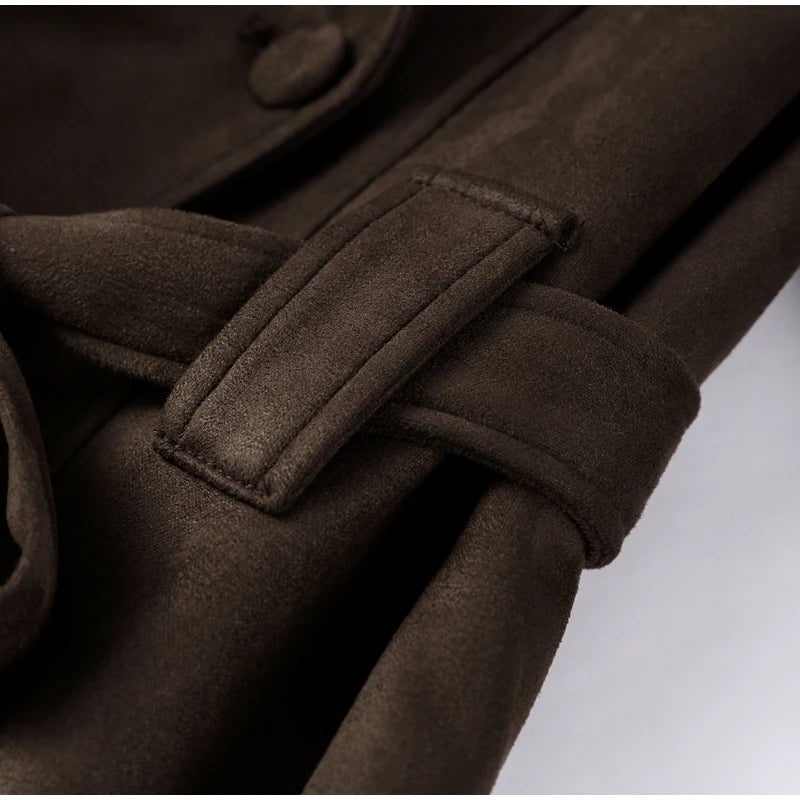 2025 Autumn New Belt Suede Jackets Women Lapel Long Sleeve One Button Lace Up Jacket Vintage Brown Loose Lady Outerwears Street