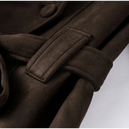 2025 Autumn New Belt Suede Jackets Women Lapel Long Sleeve One Button Lace Up Jacket Vintage Brown Loose Lady Outerwears Street