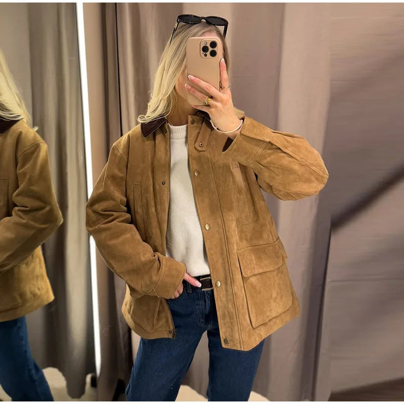 2025 Autumn New Belt Suede Jackets Women Lapel Long Sleeve One Button Lace Up Jacket Vintage Brown Loose Lady Outerwears Street